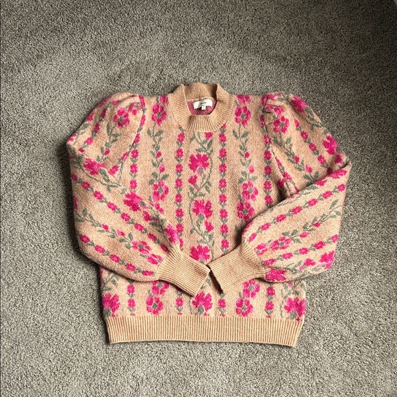 Sweaters - Charming Floral Knit Sweater - Pink and Tan